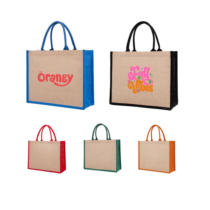 Coloured jute tote bags in various colours with handles, featuring different designs and logos.