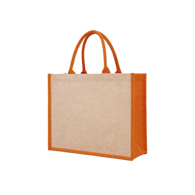 A jute tote bag featuring orange accents and handles with a natural-coloured body. It includes a logo.