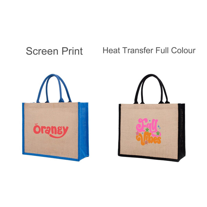 Coloured jute tote bags in natural with blue and black handles, featuring vibrant printed designs.
