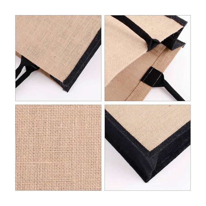 A jute tote bag in natural beige with black trim and handles, showcasing its textured fabric and interior features.
