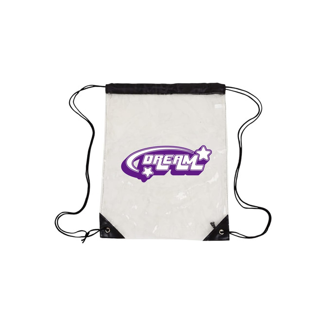 A clear PVC drawstring bag with black corners and a purple logo. The bag features adjustable drawstrings.