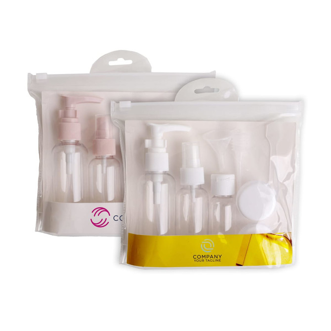 A set of clear travel bottles in a white zip-lock pouch, featuring various dispensers and a lid.