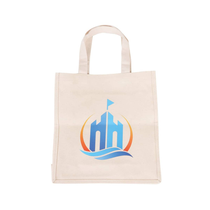 A cream-coloured cotton tote bag featuring a blue and orange logo. It has two sturdy handles for carrying.