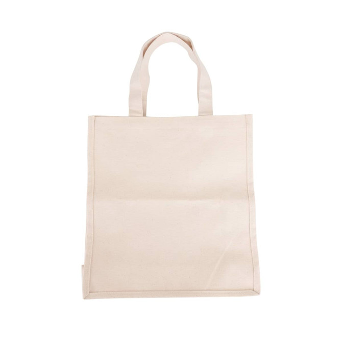 A natural-coloured 340gsm cotton tote bag with sturdy handles and a simple design. It features a logo on one side.