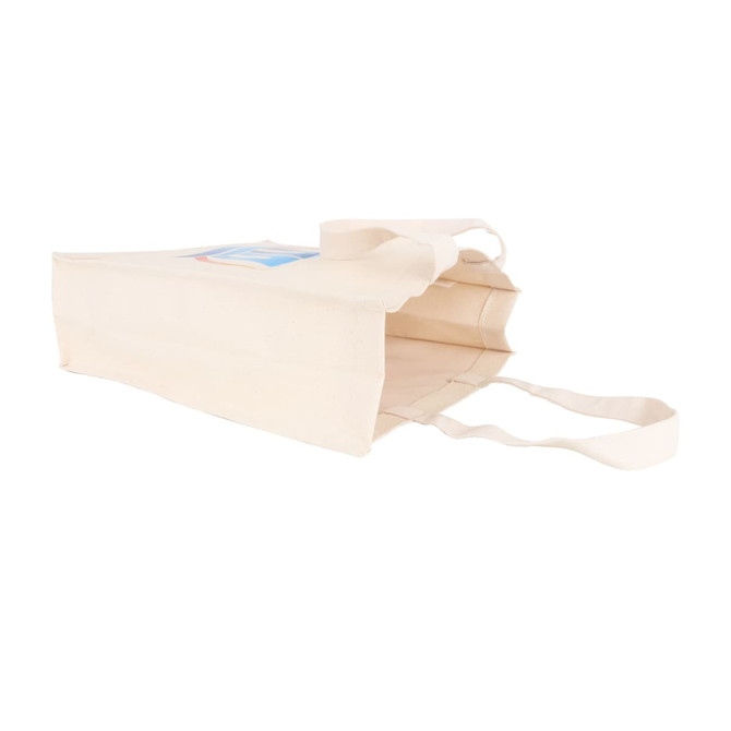 A beige cotton tote bag with long handles and a logo on one side, showcasing its spacious and sturdy design.