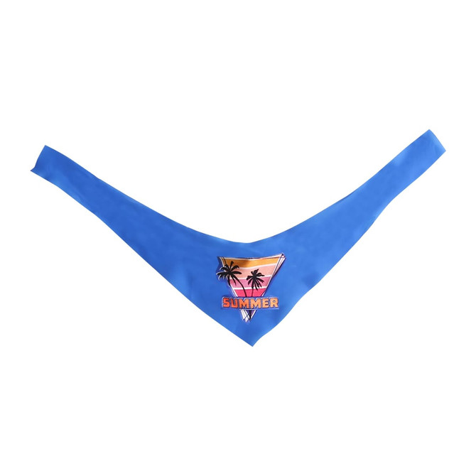 A blue bandana featuring a sunset design with palm trees and 'Summer' text, alongside a logo.