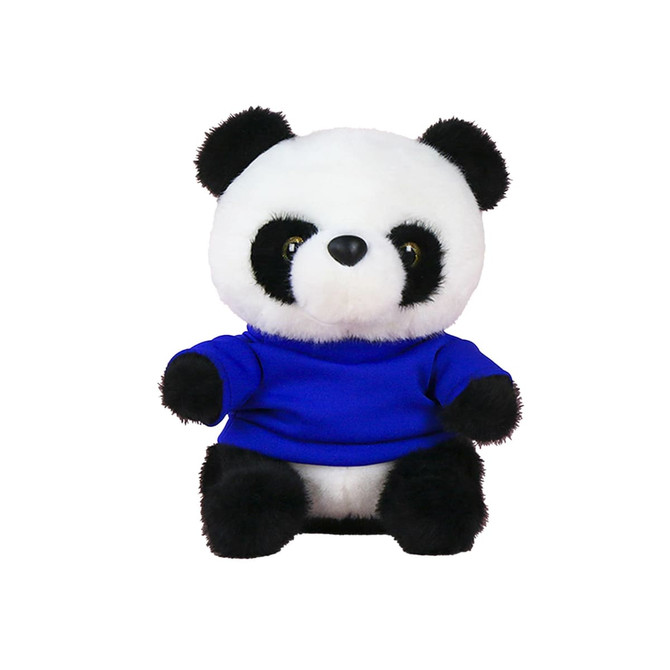 A plush toy panda with a black and white face, wearing a blue shirt. It has large, expressive eyes and a soft body.