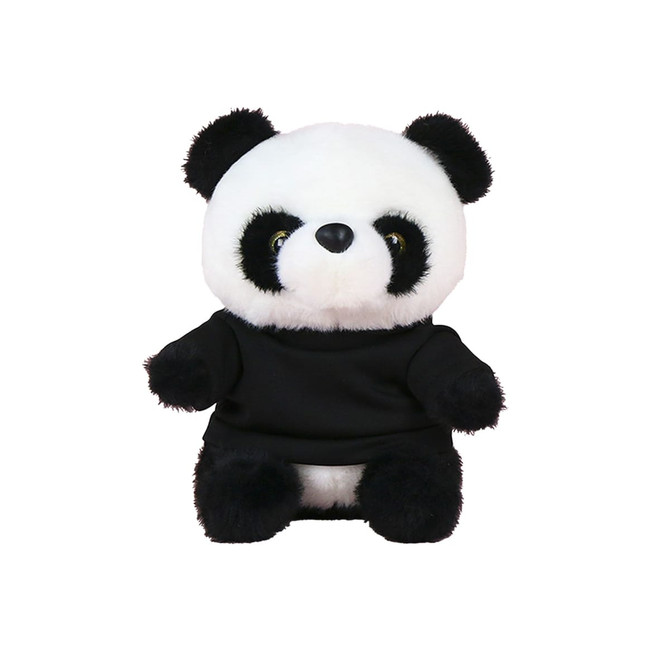 A plush panda toy featuring black and white fur, dressed in a black shirt. It has round eyes and a soft, cuddly appearance.