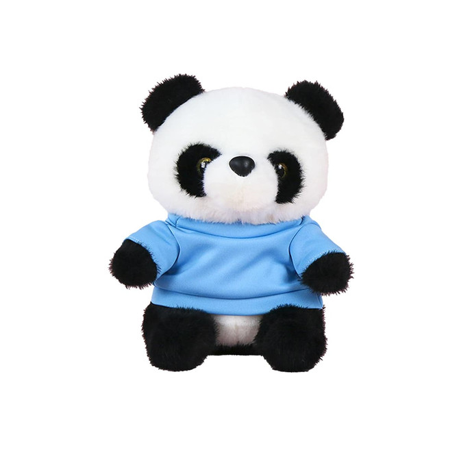 A plush toy panda with a black and white fur pattern, wearing a blue shirt, and has shiny eyes.