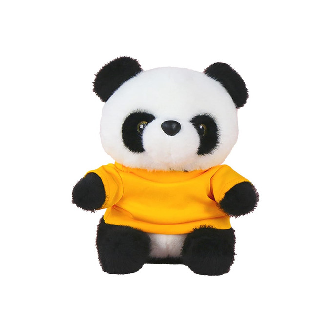 A plush toy of a panda wearing a bright yellow shirt, featuring black and white fur accents.