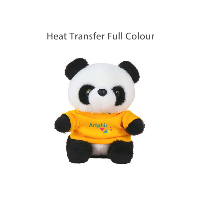 A plush panda toy wearing a bright yellow shirt, featuring black ears and facial markings. It has a logo on the shirt.