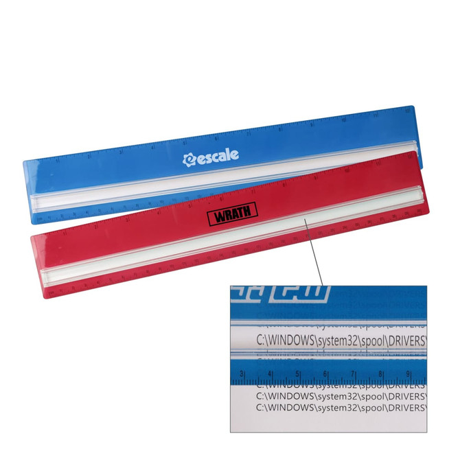 A red and blue dual scale magnifying ruler with a logo, featuring clear measurement markings.