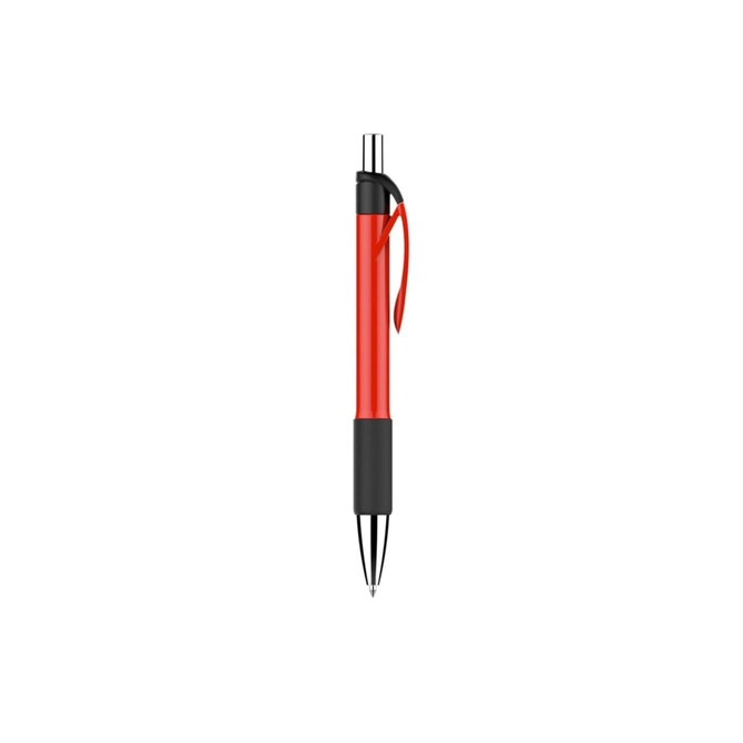 A red plastic pen with a black grip and a clip, featuring a logo.