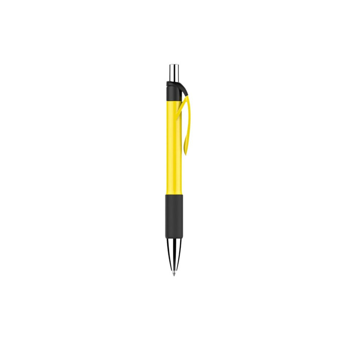 A plastic pen featuring a yellow barrel and black accents, with a clip for easy attachment.