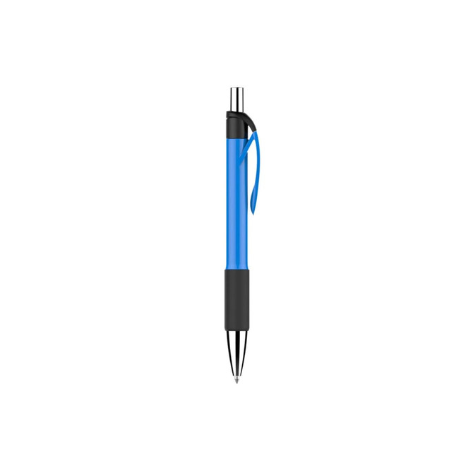 A blue plastic pen with a black grip and a clip, featuring a logo on the barrel.