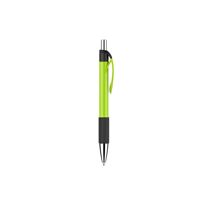 A plastic pen with a bright lime green barrel, black grip, and a clip. It features branding on the barrel.