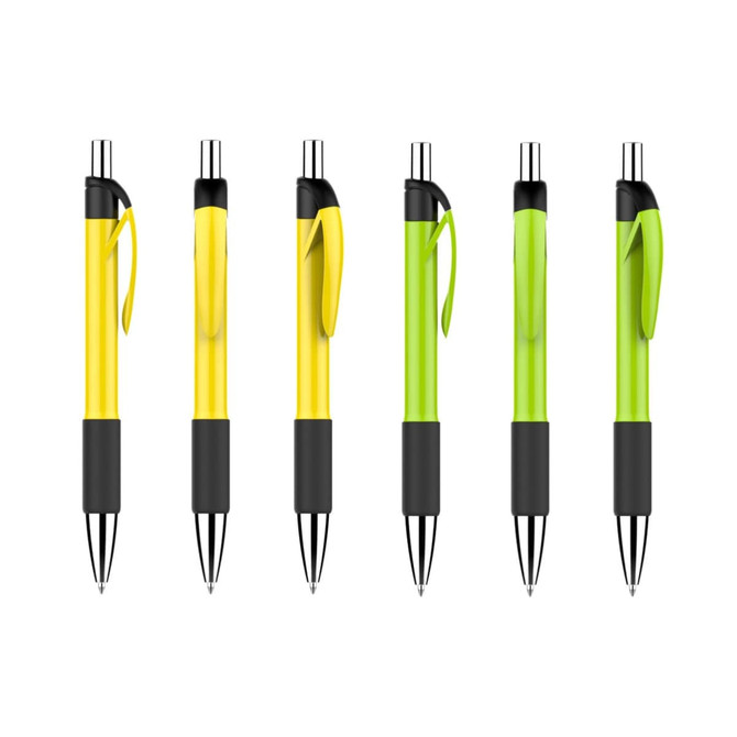 A collection of plastic pens featuring yellow and green barrels with black grips and chrome accents.