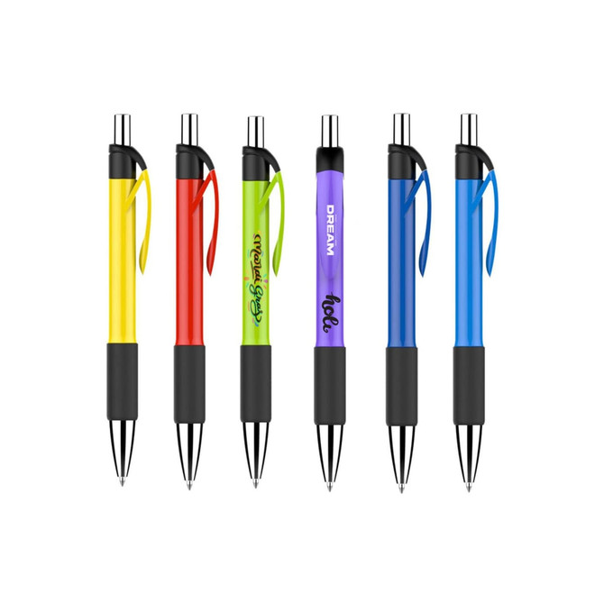 A selection of plastic pens with colourful barrels in yellow, red, green, purple, and blue, featuring black grips and clips.