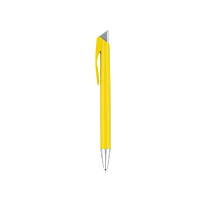 A yellow plastic pen with a silver clip and a pointed tip, featuring a logo on the barrel.