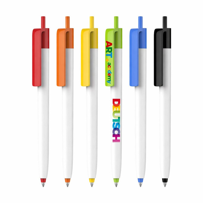 A collection of push button pens with creamy white barrels and coloured caps, including red, orange, yellow, blue, and black.