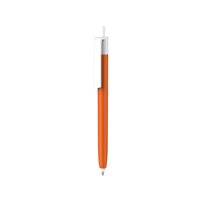 A push button pen with a vibrant orange barrel and a creamy white cap, featuring a logo.