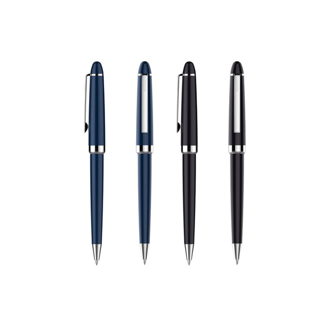 A collection of four plastic pens in dark blue and black, featuring a silver clip and accents. Each pen has a sleek design and a logo.