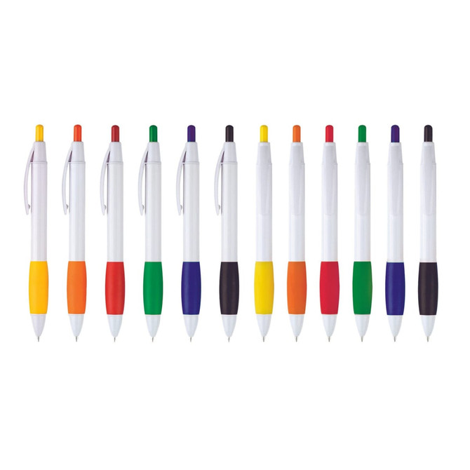 A collection of plastic pens in various colours with white barrels, each featuring a branding logo.