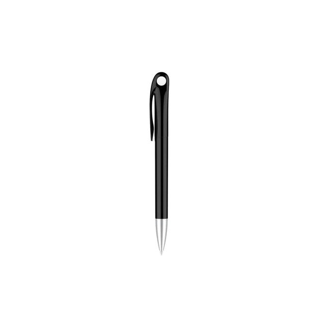 A black barrel pen with a clip and a silver nib, featuring a logo on the barrel.