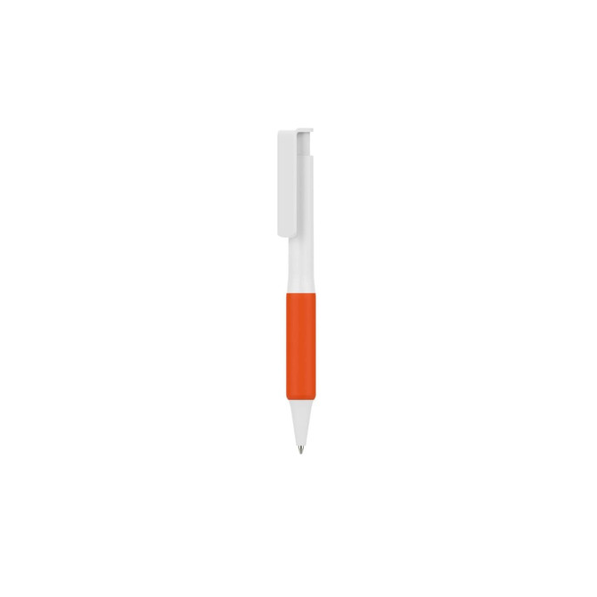 A plastic pen with a creamy white barrel and an orange grip, featuring a clip and a branded logo.