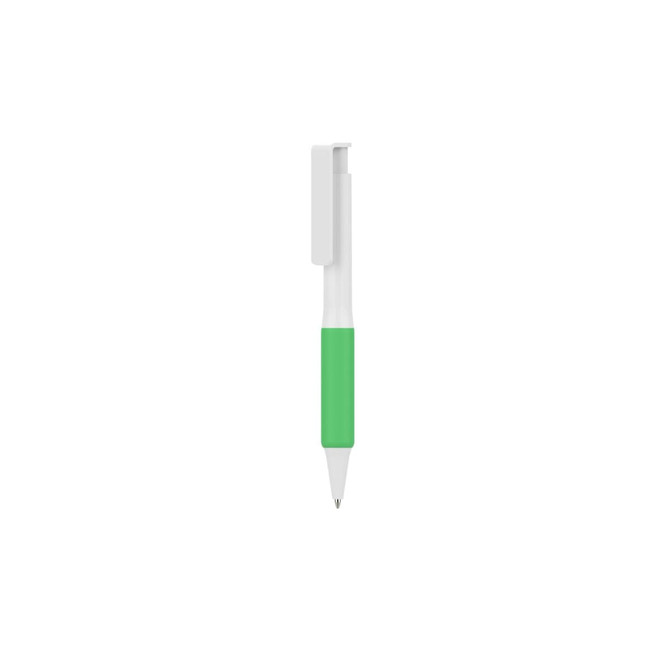 A plastic pen featuring a creamy white barrel and a green grip, complete with a clip and a logo.