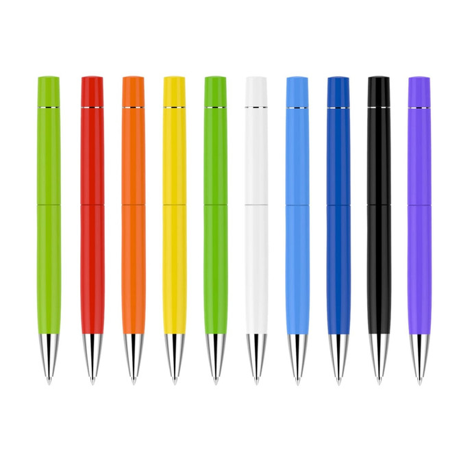 A collection of ten pens in red, orange, yellow, green, white, blue, and black, featuring a sleek design and silver tips.