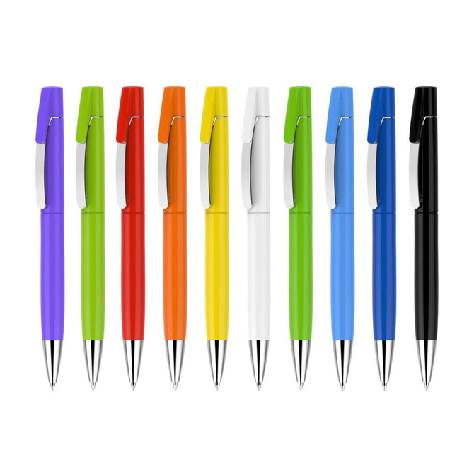 A collection of plastic pens in purple, green, red, orange, yellow, blue, white, and black, featuring a chrome clip and barrel.