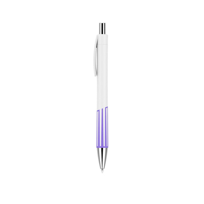 A creamy white pen with purple accents and a shiny silver clip, featuring a logo on the barrel.
