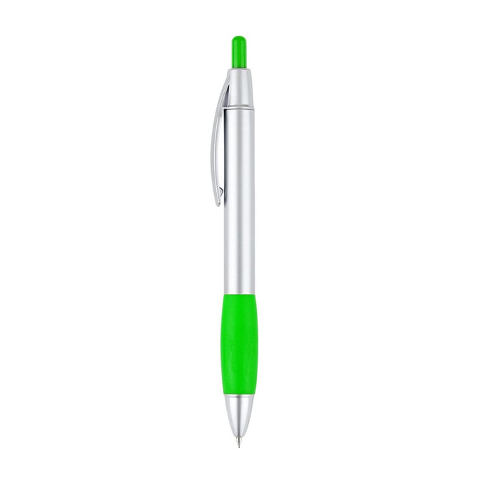 A plastic pen with a silver barrel and green grip and top, featuring a clip and a branding logo.