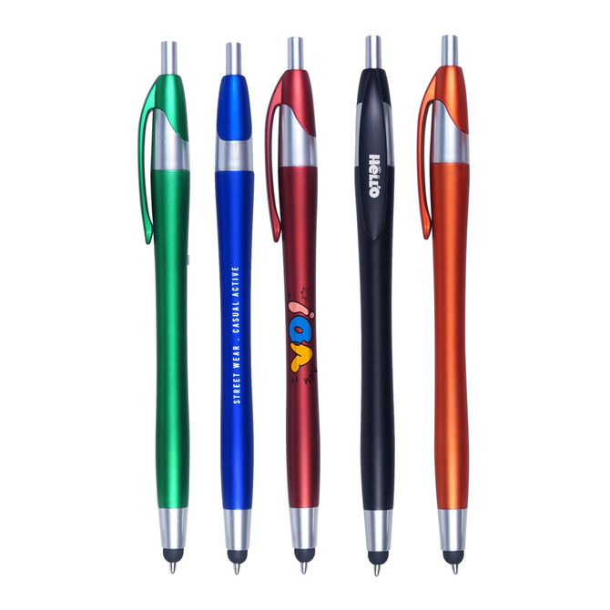 A set of five stylus pens in green, blue, red, black, and orange, each with a silver trim and a logo.