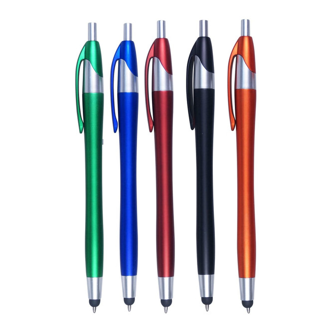 A set of five stylus pens in green, blue, red, black, and orange, featuring silver accents and a logo.