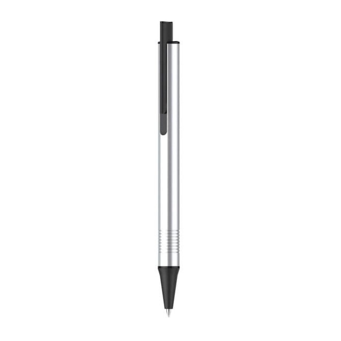A silver pen with a black tip and clip, featuring a sleek and minimalist design. It has a branding logo.