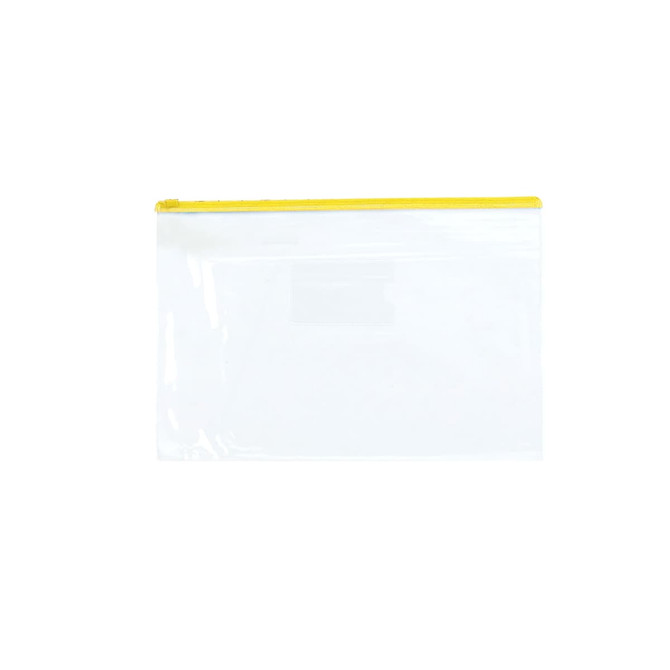 A transparent A4 file bag with a yellow zipper. It has an enclosed pocket and features a logo.
