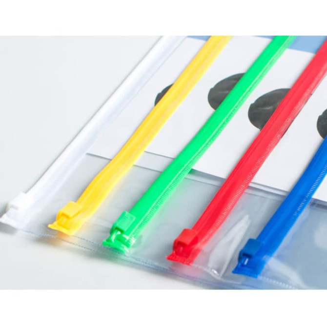 A transparent A4 file bag featuring coloured zippers in yellow, green, red, and blue. It includes a branding logo.