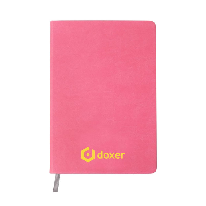 A5 PU cover notebook in pink with a logo on the front and a silver ribbon bookmark.