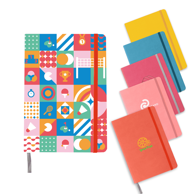 A5 PU cover notebook featuring a vibrant patterned design in various colours, alongside four solid-coloured notebooks.