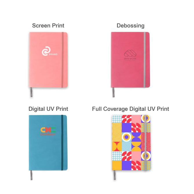 A5 PU cover notebooks in pink and blue, featuring various print designs and a grey elastic band.