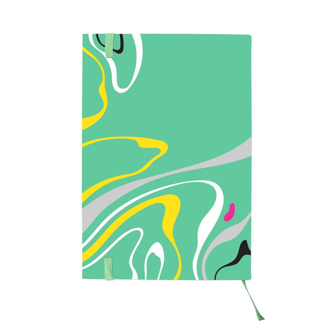 A5 full colour notebook features a vibrant abstract design in green, yellow, and pink with a matching ribbon bookmark.