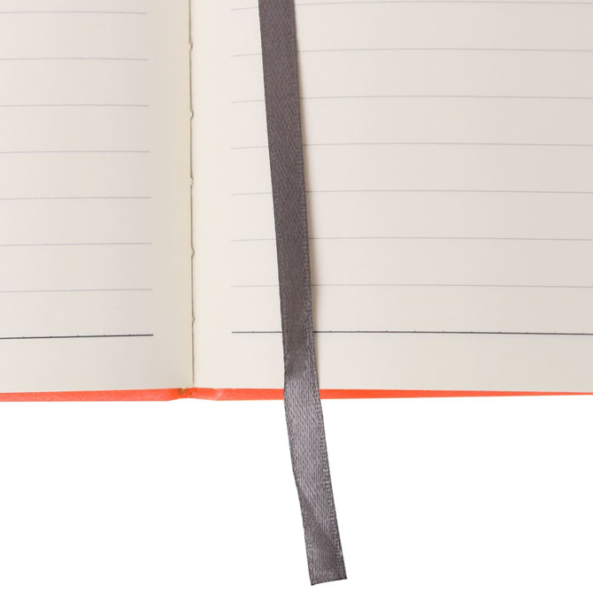 A5 full colour notebook with lined pages and a grey ribbon bookmark. The cover is orange. Features branding.
