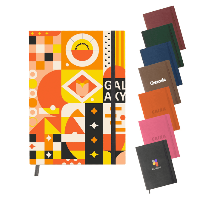 A brightly coloured notebook with a geometric design, alongside solid-coloured notebooks in various hues.