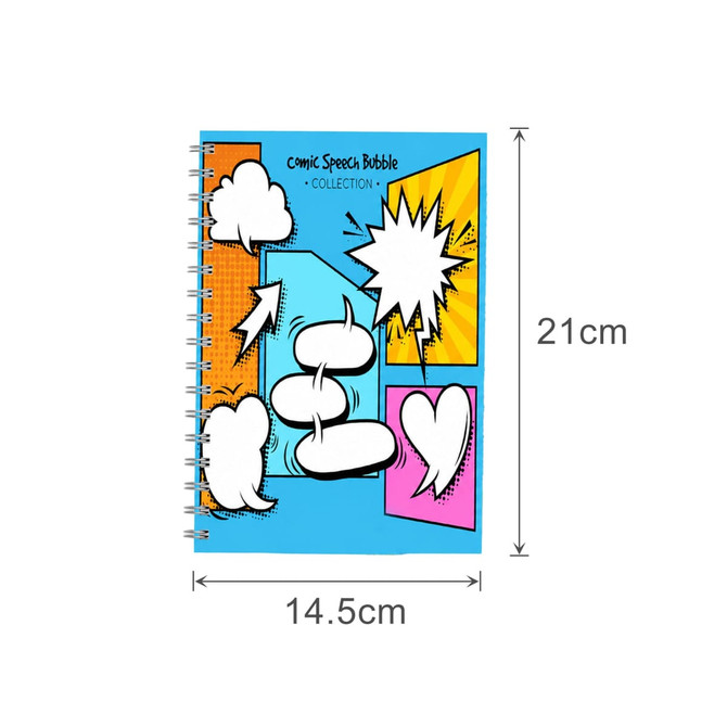 A5 full colour notebook with a comic speech bubble design, featuring blue, white, pink, and yellow elements.