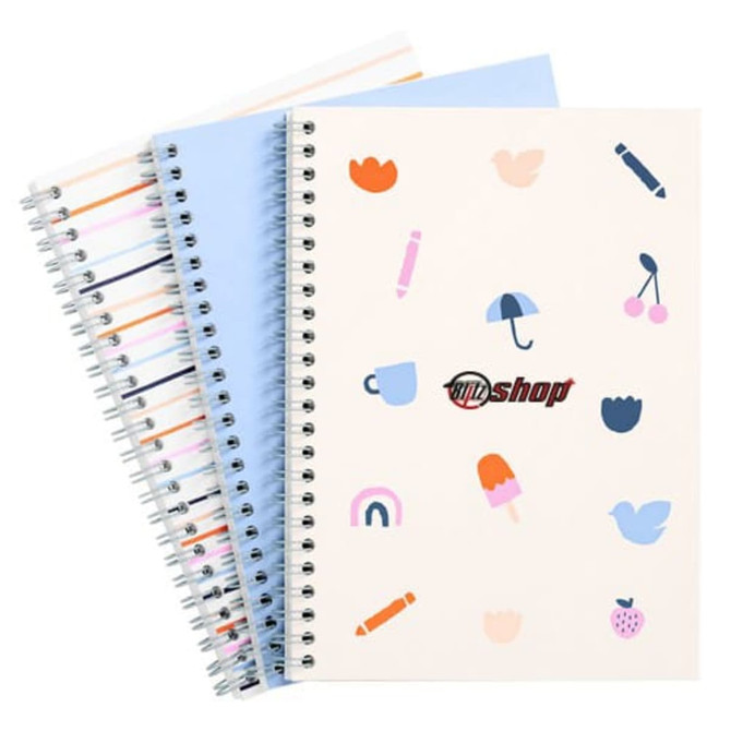 A B5 full colour wiro binding notebook featuring various colourful illustrations on a cream cover and blue pages.