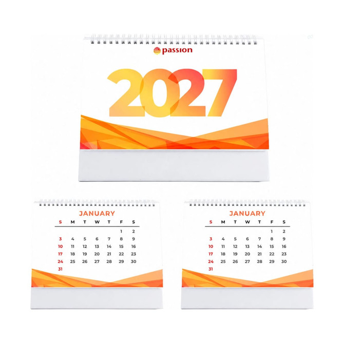 A desk calendar featuring a vibrant orange and yellow design, displaying the year "2027" and monthly calendar pages.