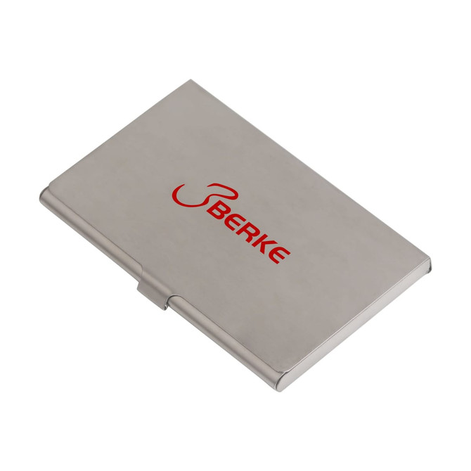 A stainless steel business card holder with a red logo, featuring a sleek and polished finish.