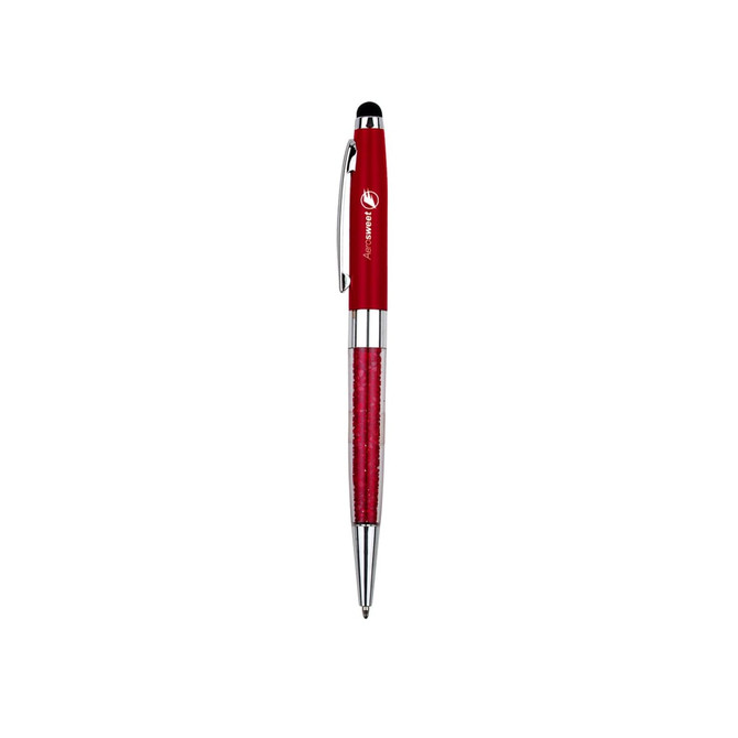 A red crystal stylus pen with a shiny finish and a logo on the body.